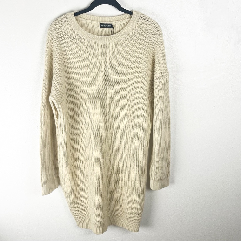 PRETTYLITTLETHING Stone Cream Basic Knit Drop Shoulder Jumper Dress, Size 16